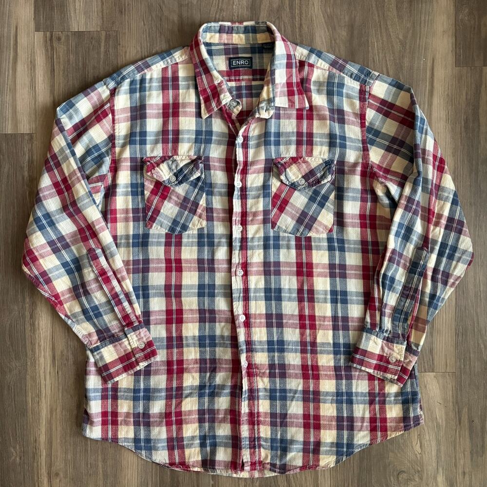 Vintage 1970s Enro Button Up Shirt Men's Size XL Plaid Striped Flannel Distress - Picture 2 of 7